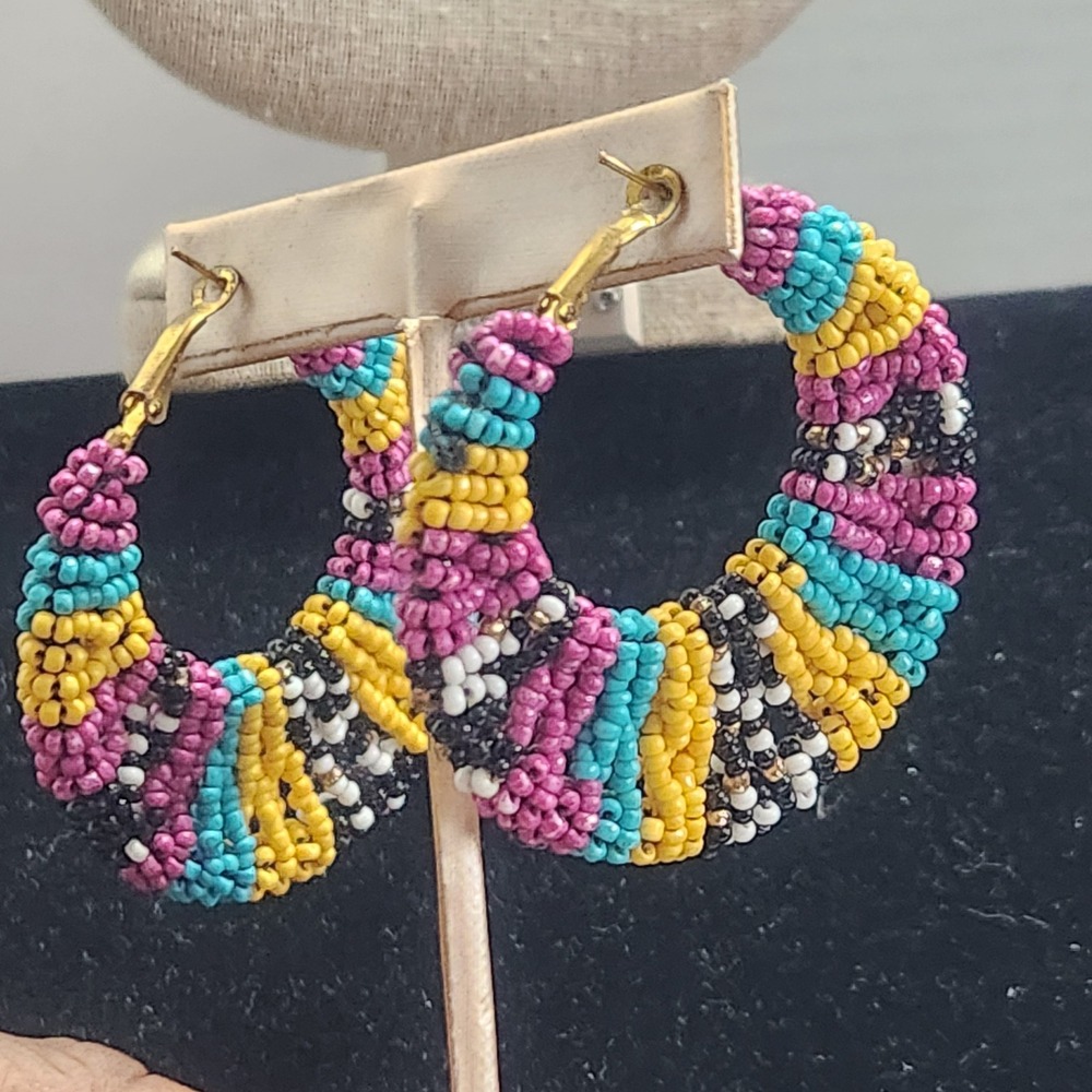 Multicolor Seed Bead Hoop Earrings Boho Striped Pink Turquoise Yellow Chunky 2"